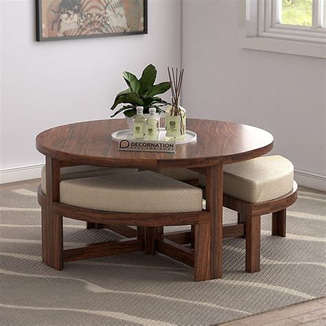 Ely Solid Wooden Coffee Table with 2 Stools with Storage - Natural Finish - Decornation