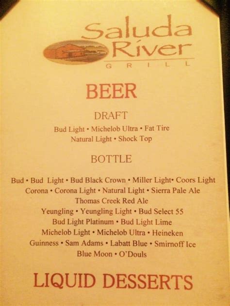 Menu at Saluda River Grill pub & bar, Piedmont