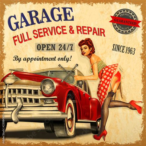 Vintage Garage retro poster with retro car and pin-up girl. Stock ...