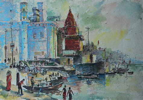 Beauty Of Varanasi Ghat Painting by KM Mehra