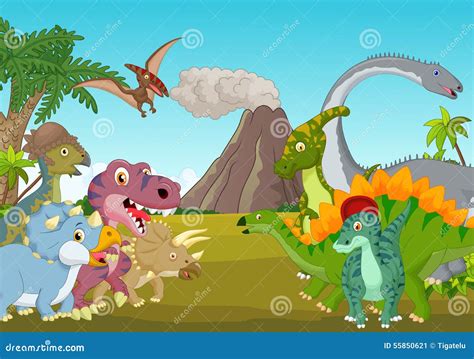 Cartoon Group Of Dinosaur With Mountain Stock Vector - Image: 55850621