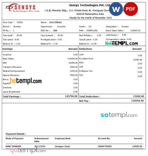 INDIA SENSYS technologies Pvt. Ltd. payslip pay stub template in Word – katempl