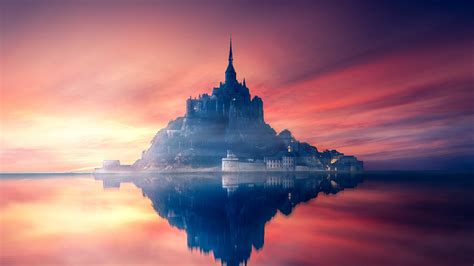 mont-saint-michel, france, island, castle, sunset 4k