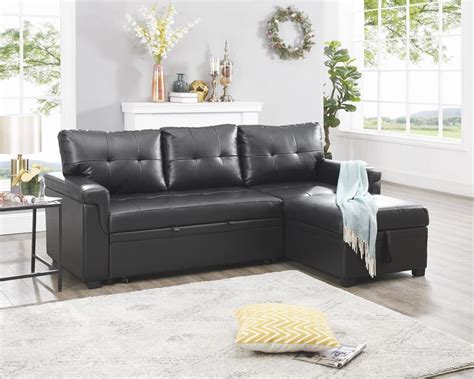 Naomi Home Laura Reversible Sleeper Sectional Sofa Storage Chaise-Color:Black,Fabric:Air Leather ...