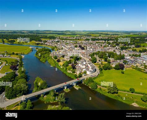 Aerial view from drone of River Tweed and Kelso Bridge at Kelso in ...