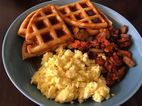 Valentine's Day breakfast at home! Bacon cheddar waffles with scrambled eggs and leftover sweet ...