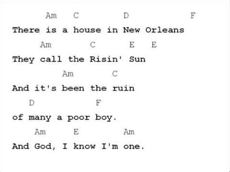 Chords for Animals House of the Rising Sun Chord Chart