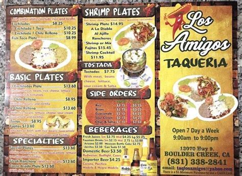 Menu of Taqueria Los Amigos in Boulder Creek, CA 95006