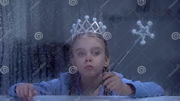 Lonely Little Princess in Crown with Magic Stick Sitting Behind Rainy Window Stock Image - Image ...