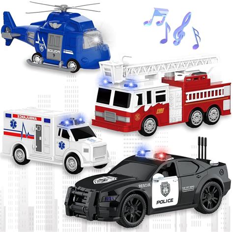 4 Packs de Juguetes de Fricción: Bomberos, Helicóptero, Policía, Ambulancia para Niños 3-12 Años ...