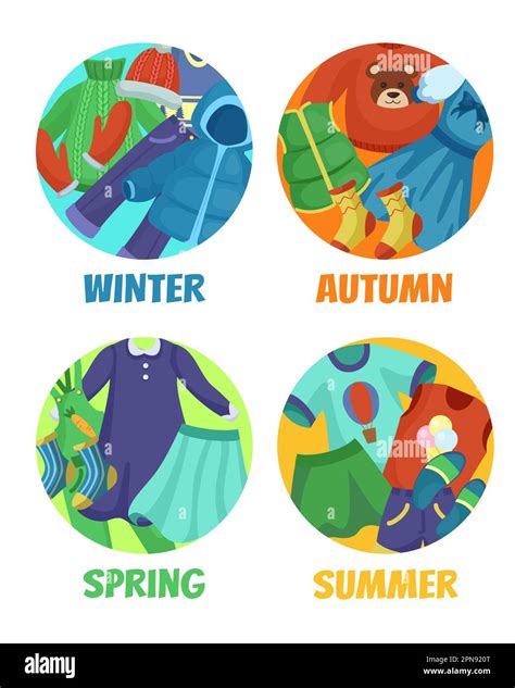 Kids clothes for different seasons cartoon illustrations set Stock ...