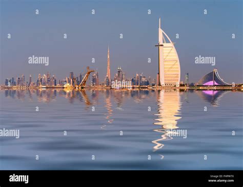 Skyline of Dubai waterfront with Burj al Arab Hotel in United Arab Emirates Stock Photo - Alamy