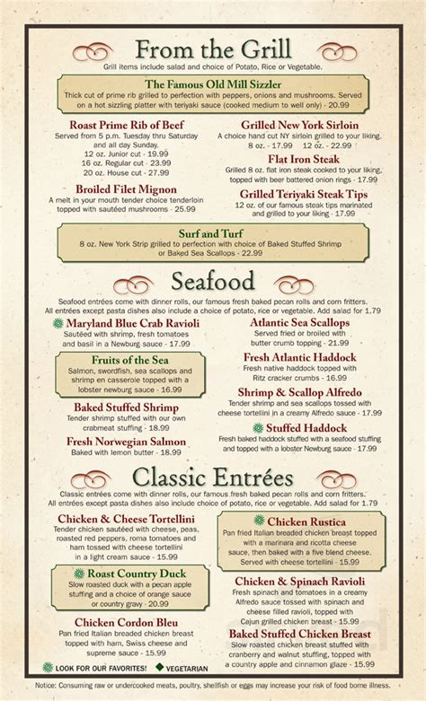 The 1761 Old Mill menu in Westminster, Massachusetts, USA