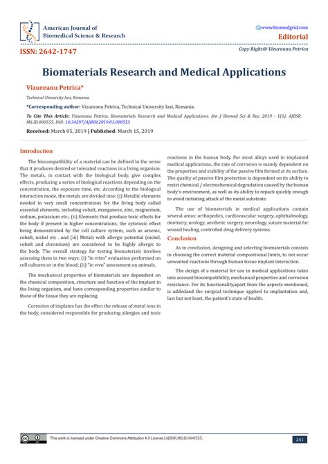 (PDF) Biomaterials Research and Medical Applications