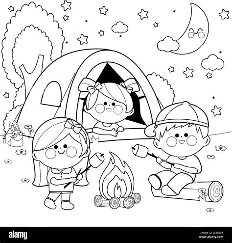 Happy children in a forest camping site at night. Vector black and white coloring page Stock ...