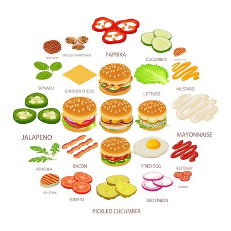 Premium Vector | Burger ingredient icons set, isometric style