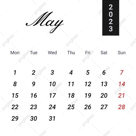 Simple Black May 2023 Calendar, May 2023, May Calendar 2023, Kalender Mei 2023 PNG and Vector ...