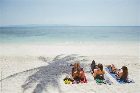 "Friends Hanging Out At The Beach Under Palm Shade, Summer" by Stocksy Contributor "Jovo ...