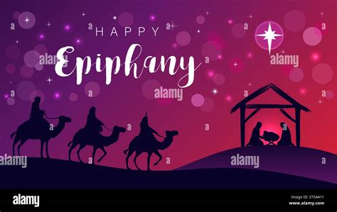 Happy Epiphany, Nativity scene with wise men, Jesus in manger and Bethlehem star. Vector ...