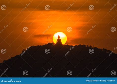 Stunning Red Sky Sunset the Round Sun is on the Back of Phuket Big Buddha Stock Image - Image of ...