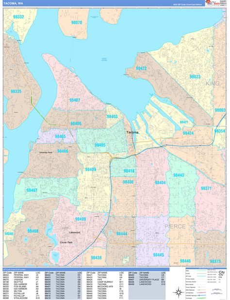 Color Cast Zip Code Style Wall Map of Tacoma, WA by Market Maps ...