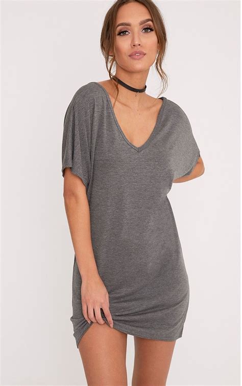 Basic Charcoal V Neck T Shirt Dress | Tee shirt dress outfit, Grey t ...