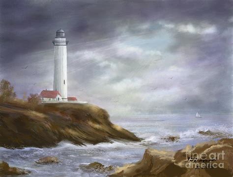 Lighthouse Stormy Sky Seascape Painting by Judy Filarecki