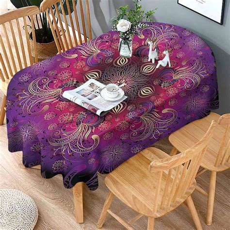 shirlyhome Tablecloth Oval Purple Antiwrinkle Oil Proof Tablecloth Floral Persian for Dinning ...