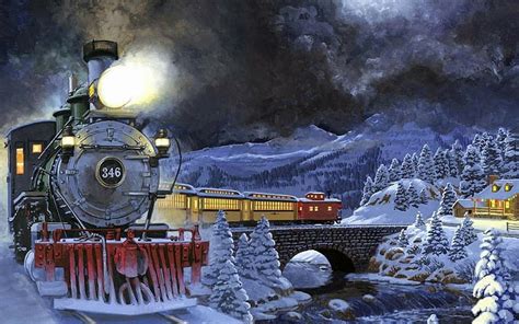 Download Snow Mountain Forest Bridge House Town Locomotive Train Artistic Winter HD Wallpaper