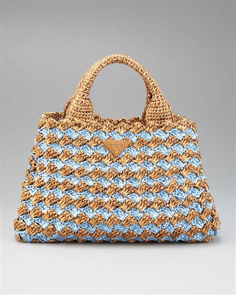 Prada Bi-color Crocheted Raffia Tote in Blue (Natural) - Lyst