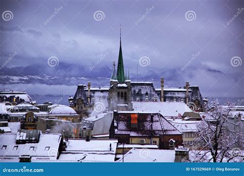 Winter Evening in Lausanne.Skyline of Lausanne, Switzerland As Seen from the Cathedral Hill at ...