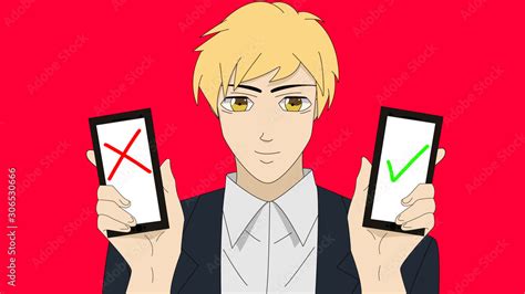 Anime Boy Holding Phone in hand that says right or wrong. Blonde Hair Cartoon Character in Suit ...