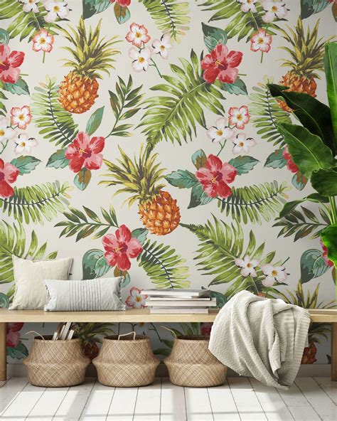 Pineapple Wallpaper Tropical Theme Wall Mural. Hawaiian Peel and Stick Wallpaper Beach Decor ...