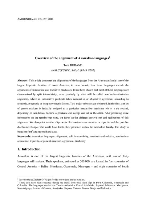 (PDF) Overview Of The Alignment Of Arawakan Languages | Tom Durand - Academia.edu