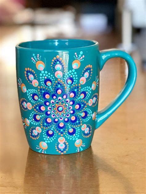 Coffee cup/mug dot mandala 12 oz hand painted teal, blue, orange, pink | Painted mugs, Painting ...