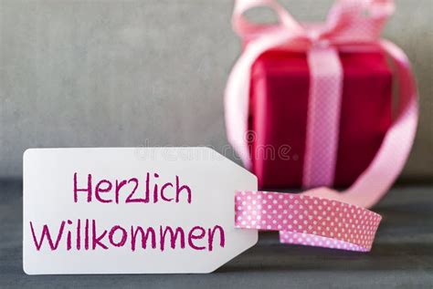 Pink Gift, Label, Herzlich Willkommen Means Welcome Stock Image - Image ...