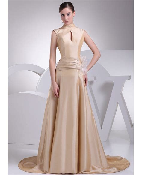 Elegant High Neck Champagne Long Taffeta Formal Dress with Train #OP4193 $206.9 - GemGrace.com