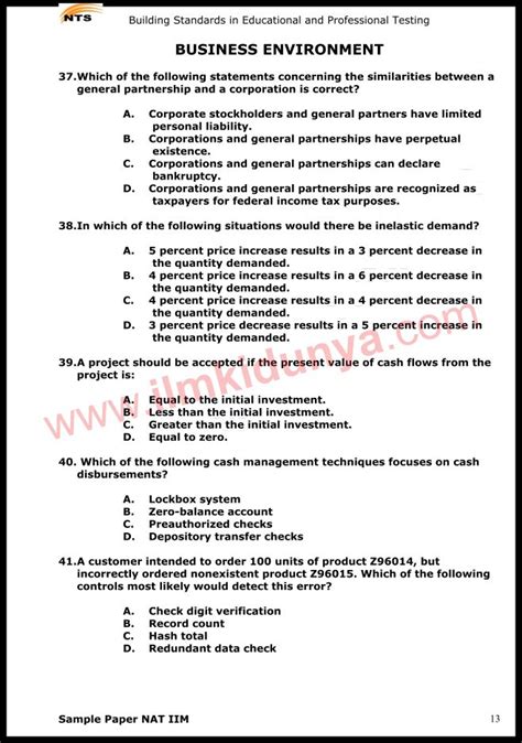 NTS Sample Papers Past Papers NAT IIM Management Science Business Environment