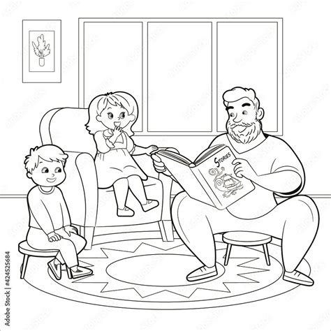 Coloring book father reads to son and daughter a book with stories.Vector illustration, black ...