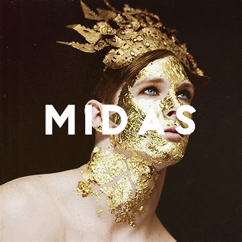 a woman with gold paint on her face and the words midas above her head