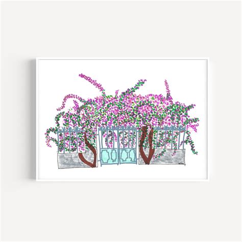 Printable Bougainvillea Floral Wall Art, Blue Metal Gate Floral Hand-drawn Caribbean Flowers ...