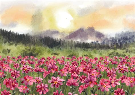 Sunrise nature landscape with beautiful red flowers in watercolor painting 13178870 Vector Art ...