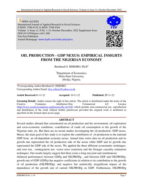 (PDF) OIL PRODUCTION -GDP NEXUS: EMPIRICAL INSIGHTS FROM THE NIGERIAN ECONOMY