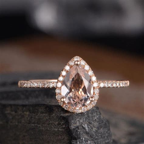 Pear Shaped Engagement Ring Morganite Rose Gold Ring Bridal Diamond Halo Women Antique Ring ...