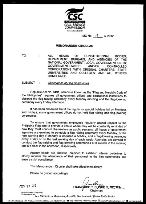 CSC Memorandum Circular on Flag Ceremonies - TeacherPH