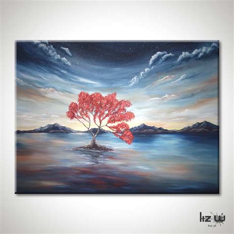 Original Red Wanaka Tree Painting, Lucid Dream Tree Lake Art, New Zealand Painting, Large 40 x ...