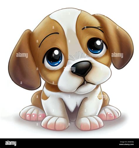 a cartoon puppy with blue eyes sitting down on the ground with a sad look on his face Stock ...