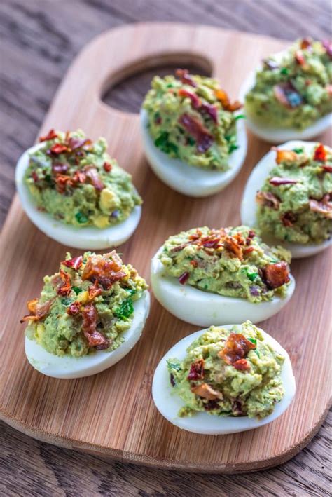 Healthy Low Carb Super Bowl Party Foods | Guacamole deviled eggs, Bacon appetizers, Food