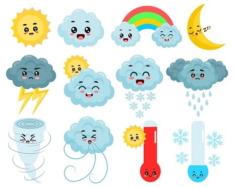 Set Of Cute Weather Cartoon Characters Stock Illustration - Download ...