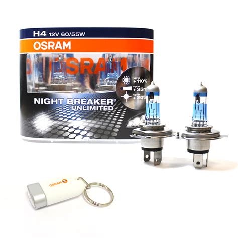 2x OSRAM H4 +110% Night Breaker Unlimited Headlight Bulbs + FREE White LED Torch